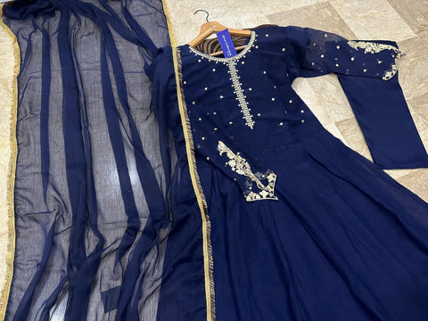 Kaya Work Embroidered Chiffon Long Maxi 3 Piece – With Lace Dupatta