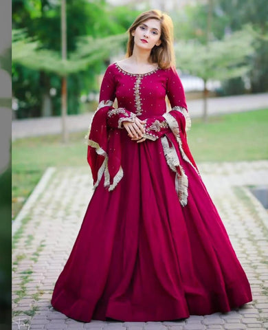 Kaya Work Embroidered Chiffon Long Maxi 3 Piece – With Lace Dupatta