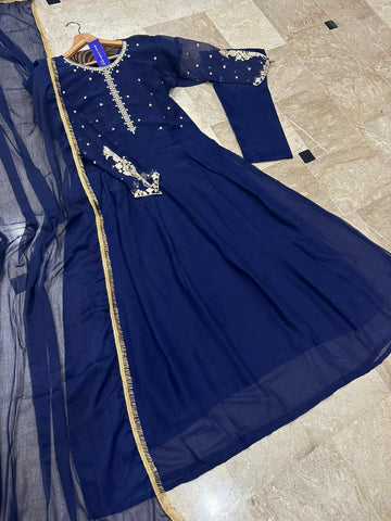 Kaya Work Embroidered Chiffon Long Maxi 3 Piece – With Lace Dupatta