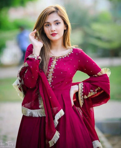 Kaya Work Embroidered Chiffon Long Maxi 3 Piece – With Lace Dupatta