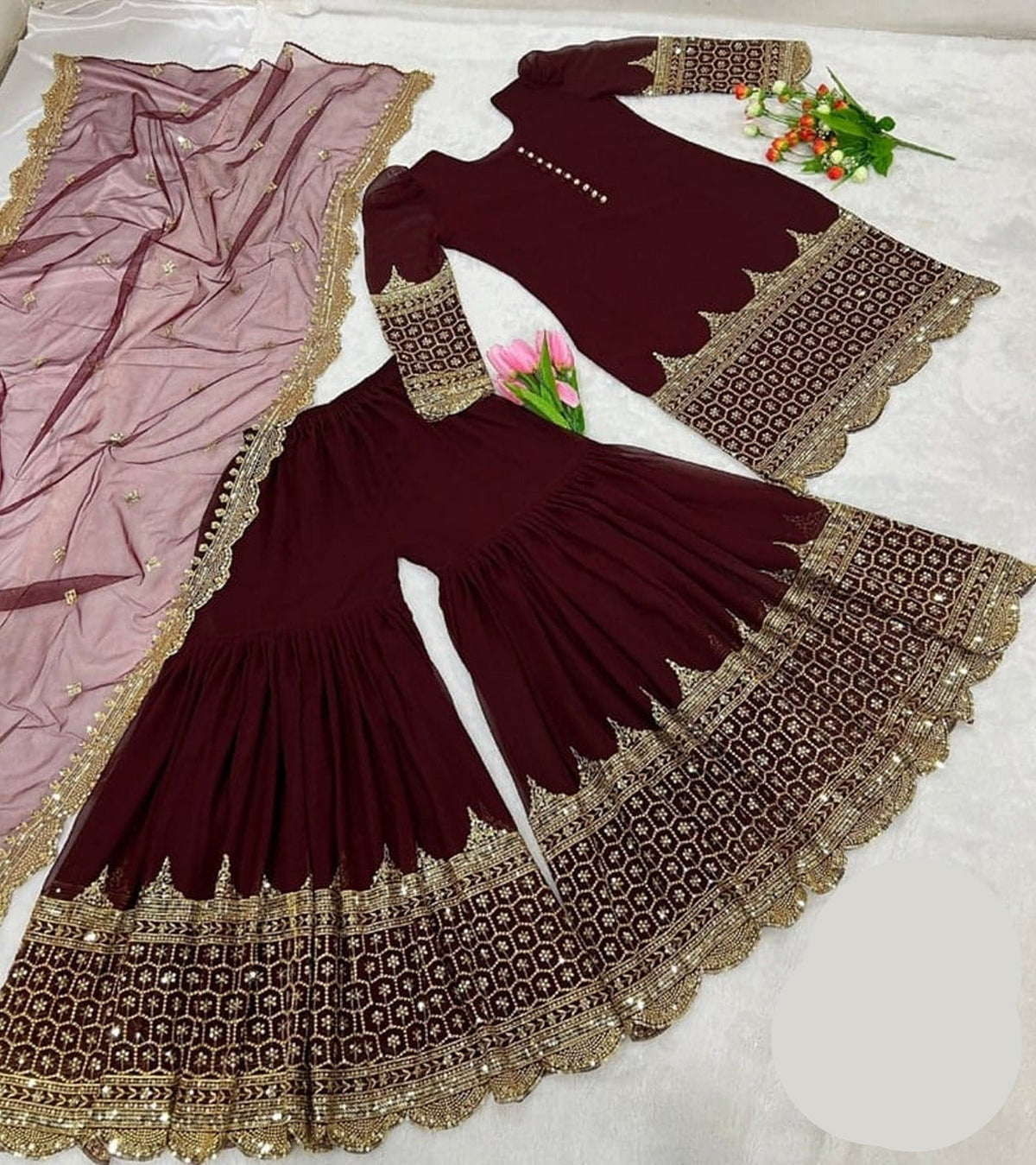 Standard Sequence Embroidered Shalmose Silk 3 Piece – Shirt, Long Flair Garara & Dupatta