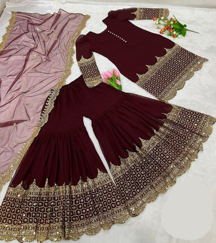 Standard Sequence Embroidered Shalmose Silk 3 Piece – Shirt, Long Flair Garara & Dupatta
