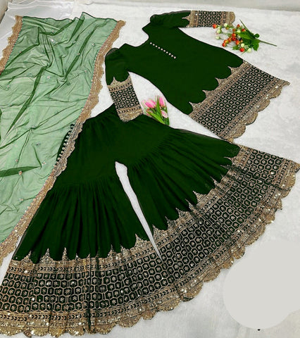 Standard Sequence Embroidered Shalmose Silk 3 Piece – Shirt, Long Flair Garara & Dupatta