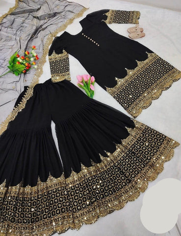 Standard Sequence Embroidered Shalmose Silk 3 Piece – Shirt, Long Flair Garara & Dupatta