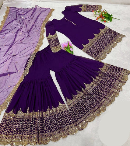 Standard Sequence Embroidered Shalmose Silk 3 Piece – Shirt, Long Flair Garara & Dupatta