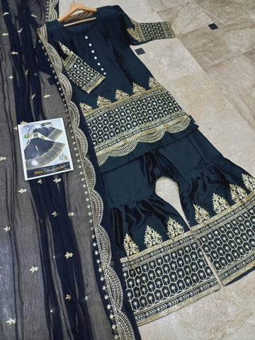 Standard Sequence Embroidered Shalmose Silk 3 Piece – Shirt, Long Flair Garara & Dupatta