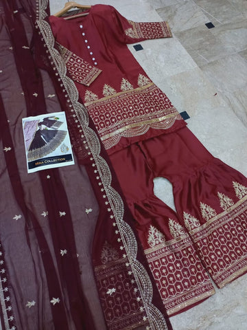Standard Sequence Embroidered Shalmose Silk 3 Piece – Shirt, Long Flair Garara & Dupatta