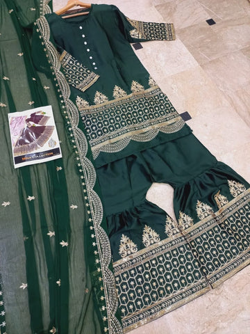 Standard Sequence Embroidered Shalmose Silk 3 Piece – Shirt, Long Flair Garara & Dupatta