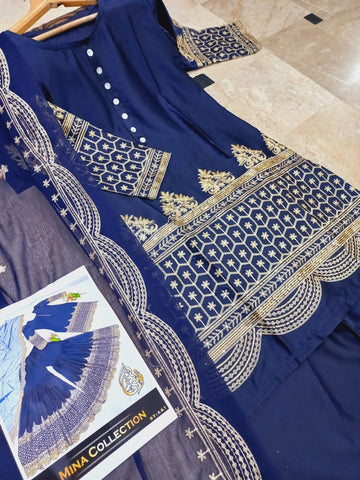 Standard Sequence Embroidered Shalmose Silk 3 Piece – Shirt, Long Flair Garara & Dupatta
