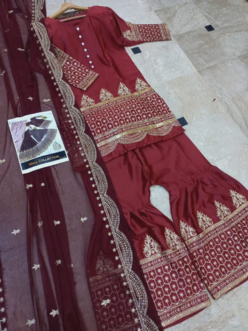 Standard Sequence Embroidered Shalmose Silk 3 Piece – Shirt, Long Flair Garara & Dupatta