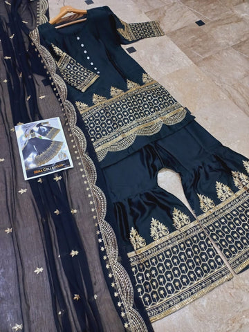 Standard Sequence Embroidered Shalmose Silk 3 Piece – Shirt, Long Flair Garara & Dupatta