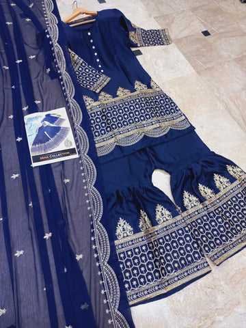 Standard Sequence Embroidered Shalmose Silk 3 Piece – Shirt, Long Flair Garara & Dupatta