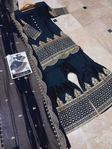Standard Sequence Embroidered Shalmose Silk 3 Piece – Shirt, Long Flair Garara & Dupatta