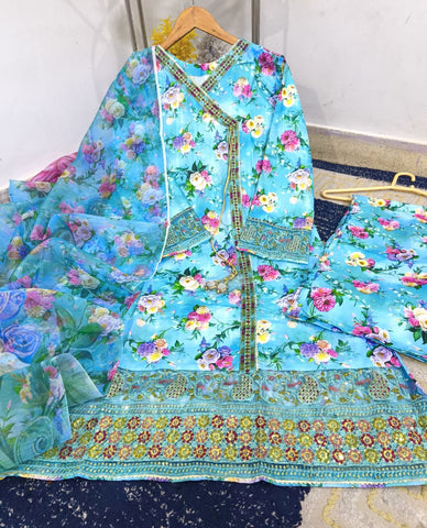 Standard Angrakha Style Bana Dora Lawn 3PC – Digital Printed with Embroidery Patch Work & Organza Dupatta 2K26