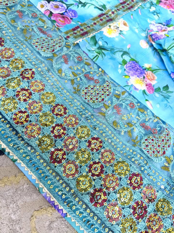 Standard Angrakha Style Bana Dora Lawn 3PC – Digital Printed with Embroidery Patch Work & Organza Dupatta 2K26