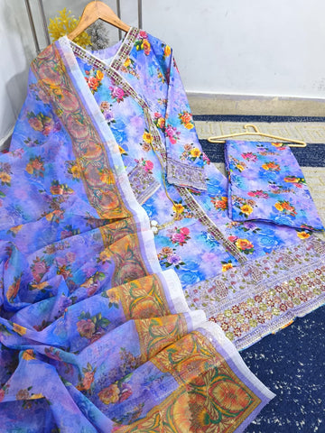 Standard Angrakha Style Bana Dora Lawn 3PC – Digital Printed with Embroidery Patch Work & Organza Dupatta 2K26