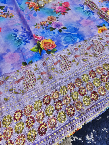 Standard Angrakha Style Bana Dora Lawn 3PC – Digital Printed with Embroidery Patch Work & Organza Dupatta 2K26
