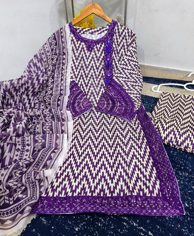 Standard Digital Printed Bana Dora Lawn 3 Piece – Embroidery Patch Work with Organza Dupatta 2K26