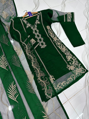Leaves Design Embroidered Organza 3 Piece – With Dupatta