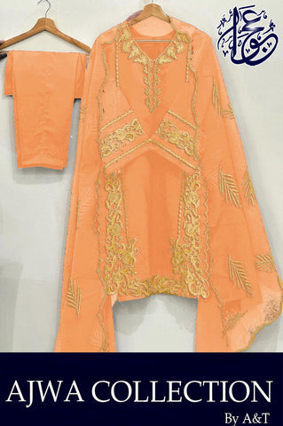 Leaves Design Embroidered Organza 3 Piece – With Dupatta