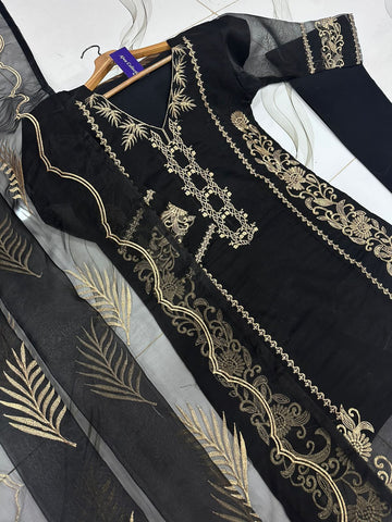 Leaves Design Embroidered Organza 3 Piece – With Dupatta