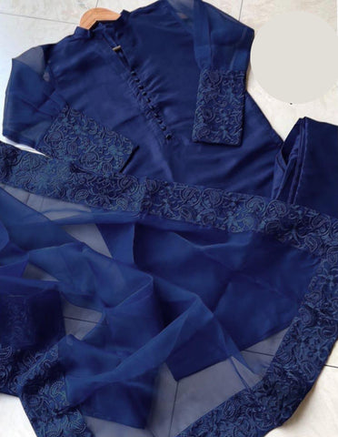 Standard Organza 3 Piece – Sleeves & 4 Side Border Embroidered Dupatta
