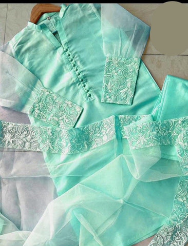 Standard Organza 3 Piece – Sleeves & 4 Side Border Embroidered Dupatta