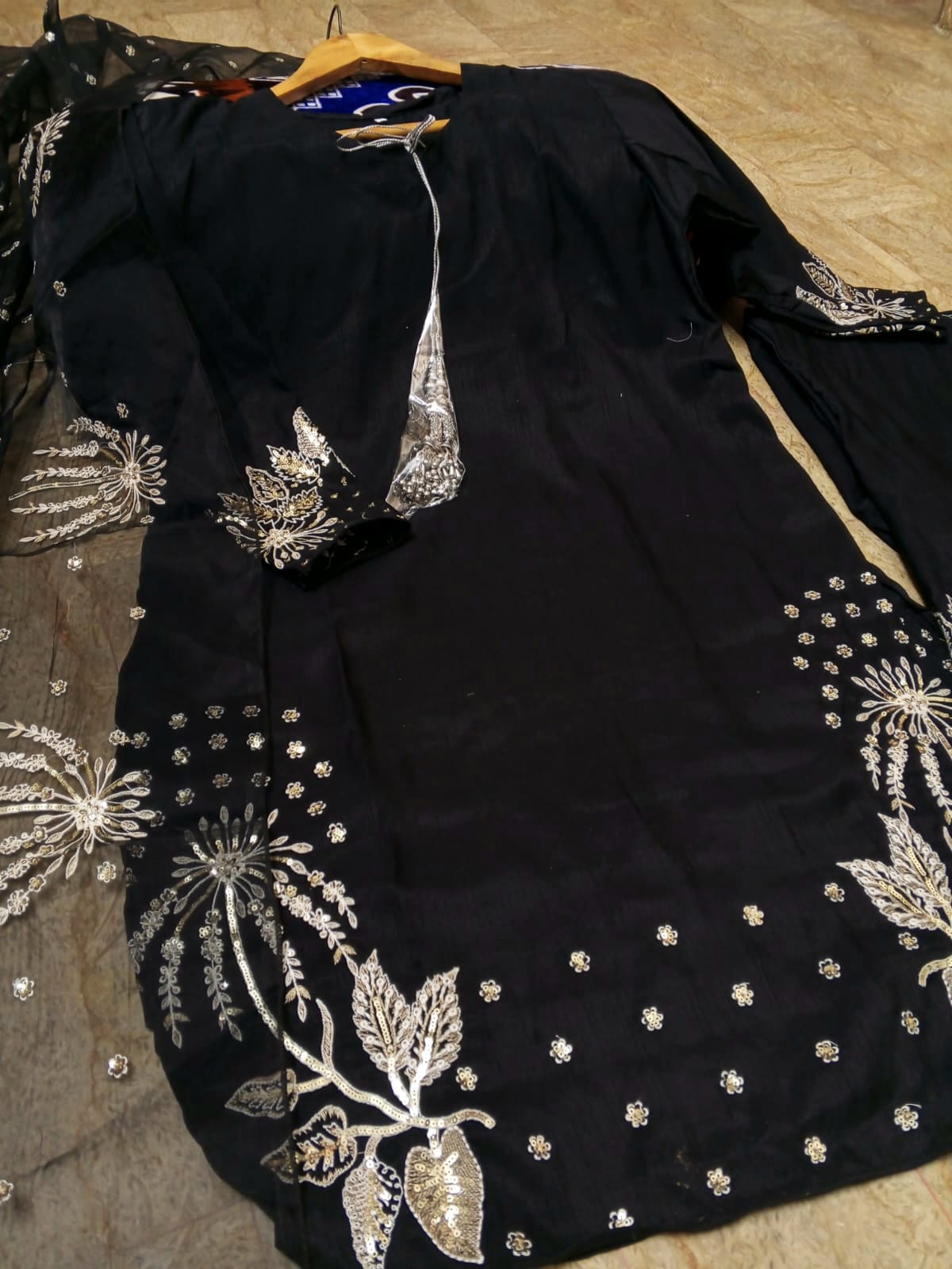 Luxury Raw Silk Embroidered Suit Small for Party Wear
