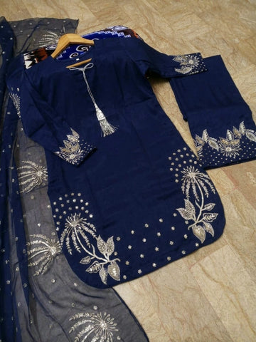 Heavy Sequence Embroidered Sleeves and Borders Small Raw Silk Suit