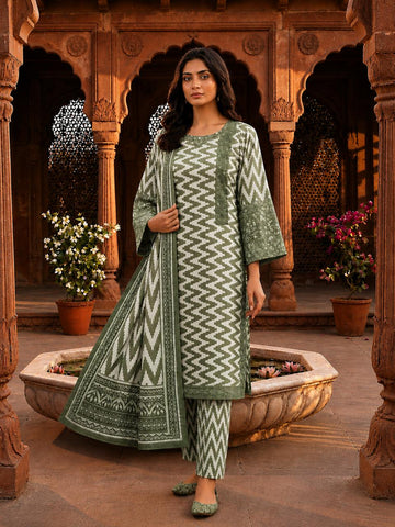 Zig Zag Digital Printed Stitched 3PC Suit with Embroidery Sleeves and Diamond Dupatta PV Cotton Collection