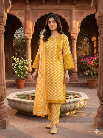 Zig Zag Digital Printed Stitched 3PC Suit with Embroidery Sleeves and Diamond Dupatta PV Cotton Collection
