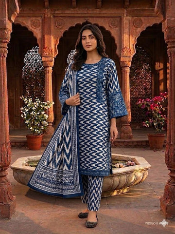 Zig Zag Digital Printed Stitched 3PC Suit with Embroidery Sleeves and Diamond Dupatta PV Cotton Collection