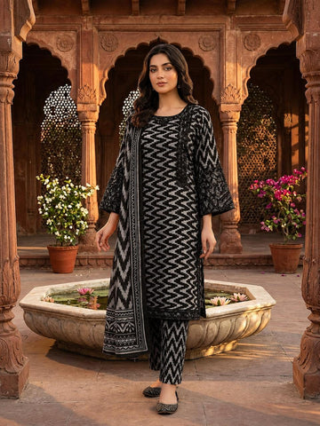 Zig Zag Digital Printed Stitched 3PC Suit with Embroidery Sleeves and Diamond Dupatta PV Cotton Collection