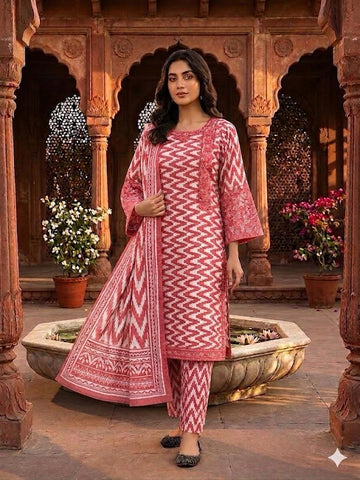 Zig Zag Digital Printed Stitched 3PC Suit with Embroidery Sleeves and Diamond Dupatta PV Cotton Collection