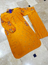Front Button Pocket Style Linen Cotton 2PC Stitched Kurti Set with Embroidered Flapper