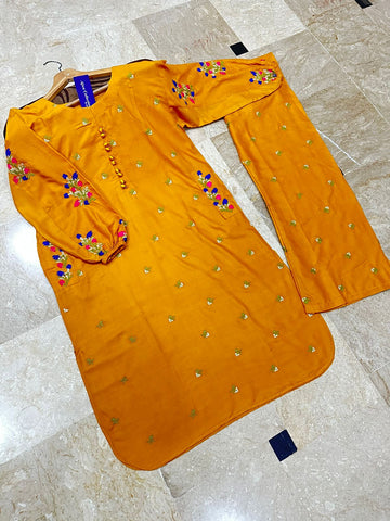Front Button Pocket Style Linen Cotton 2PC Stitched Kurti Set with Embroidered Flapper
