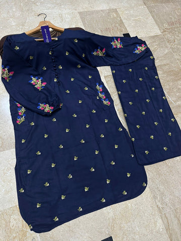 Front Button Pocket Style Linen Cotton 2PC Stitched Kurti Set with Embroidered Flapper