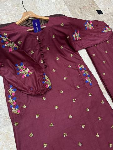 Front Button Pocket Style Linen Cotton 2PC Stitched Kurti Set with Embroidered Flapper