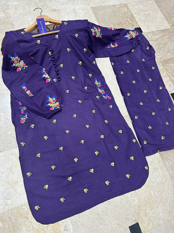Front Button Pocket Style Linen Cotton 2PC Stitched Kurti Set with Embroidered Flapper