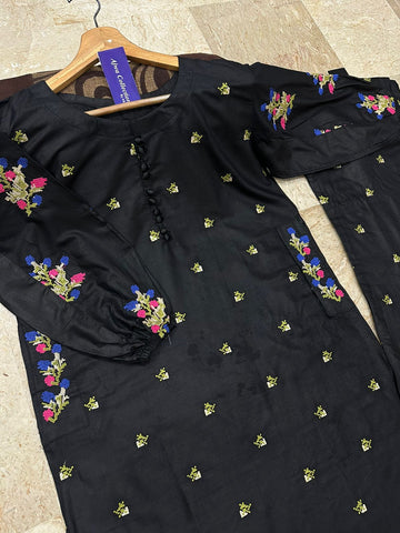 Front Button Pocket Style Linen Cotton 2PC Stitched Kurti Set with Embroidered Flapper