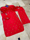 Front Button Pocket Style Linen Cotton 2PC Stitched Kurti Set with Embroidered Flapper