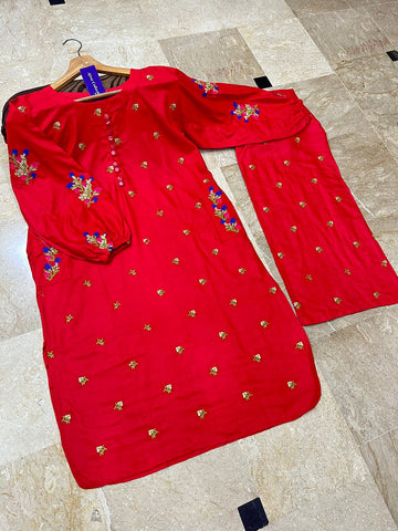 Front Button Pocket Style Linen Cotton 2PC Stitched Kurti Set with Embroidered Flapper