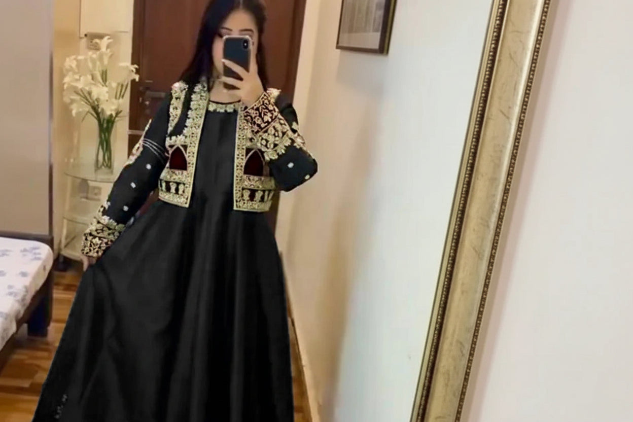 Allover handwork Shamose silk koti maxi 2 piece set with nug stone heavy embroidery front and back formal wear