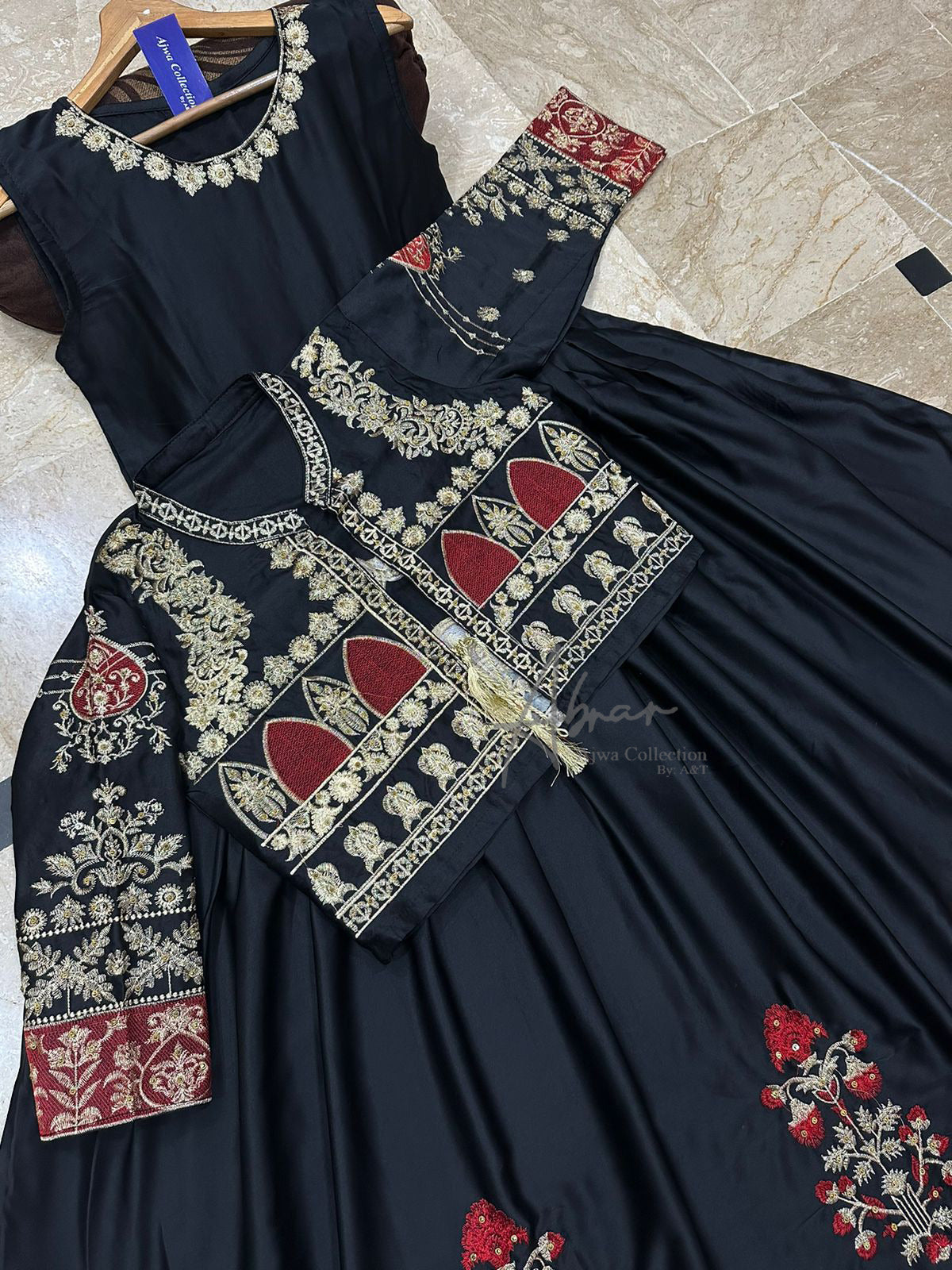 Allover handwork Shamose silk koti maxi 2 piece set with nug stone heavy embroidery front and back formal wear