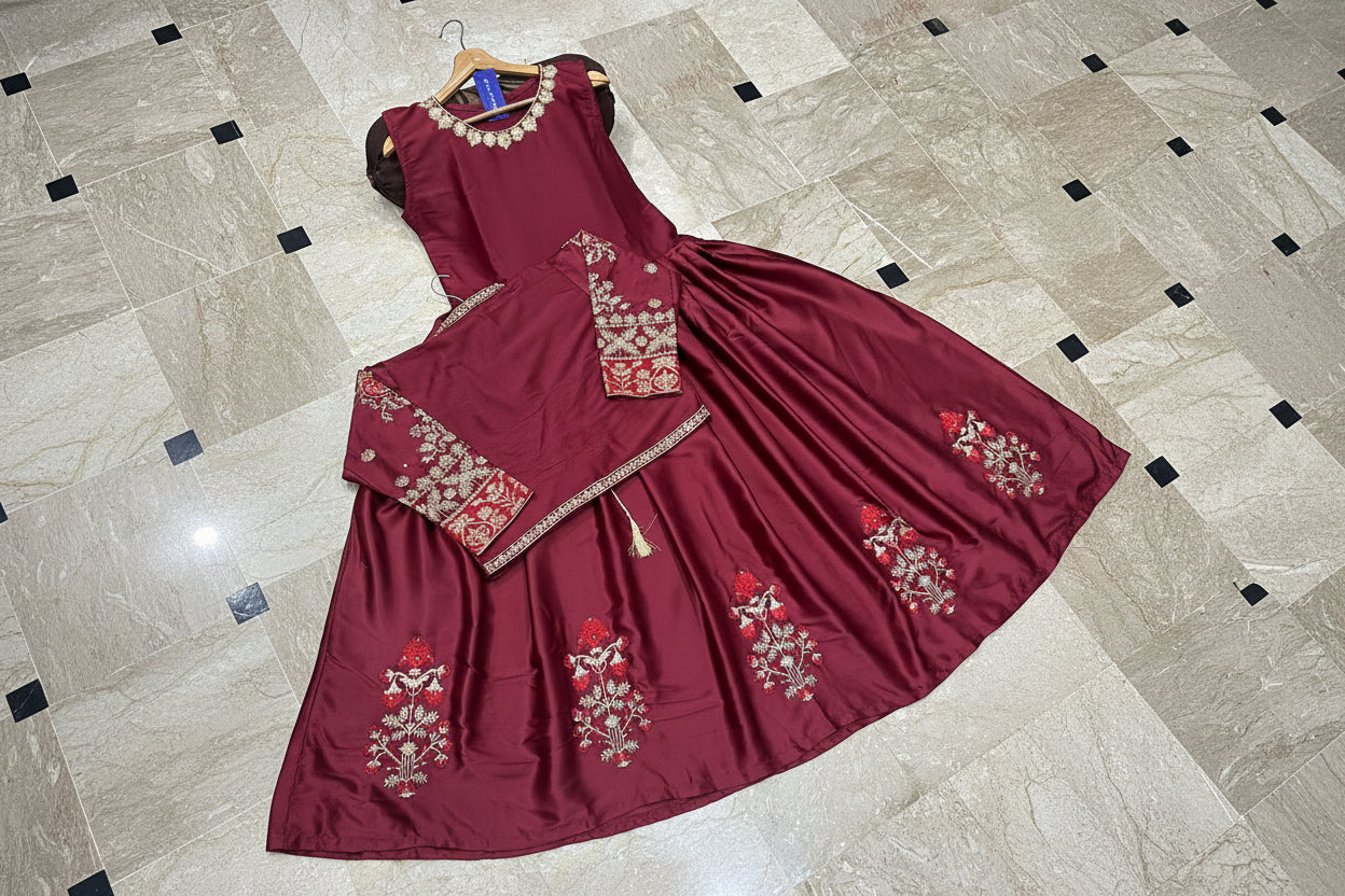 Allover handwork Shamose silk koti maxi 2 piece set with nug stone heavy embroidery front and back formal wear