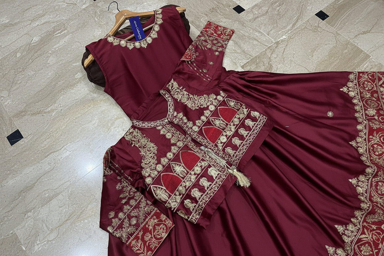 Allover handwork Shamose silk koti maxi 2 piece set with nug stone heavy embroidery front and back formal wear