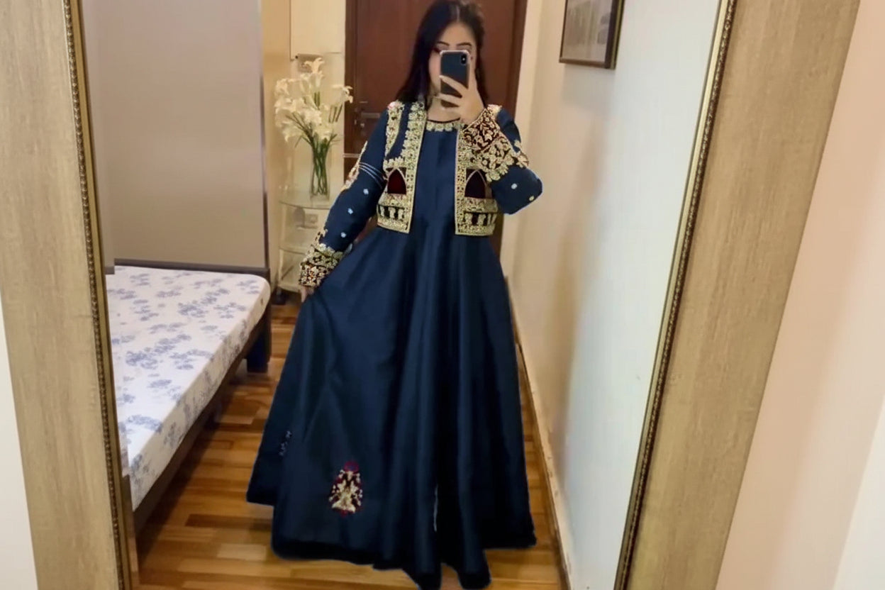Allover handwork Shamose silk koti maxi 2 piece set with nug stone heavy embroidery front and back formal wear