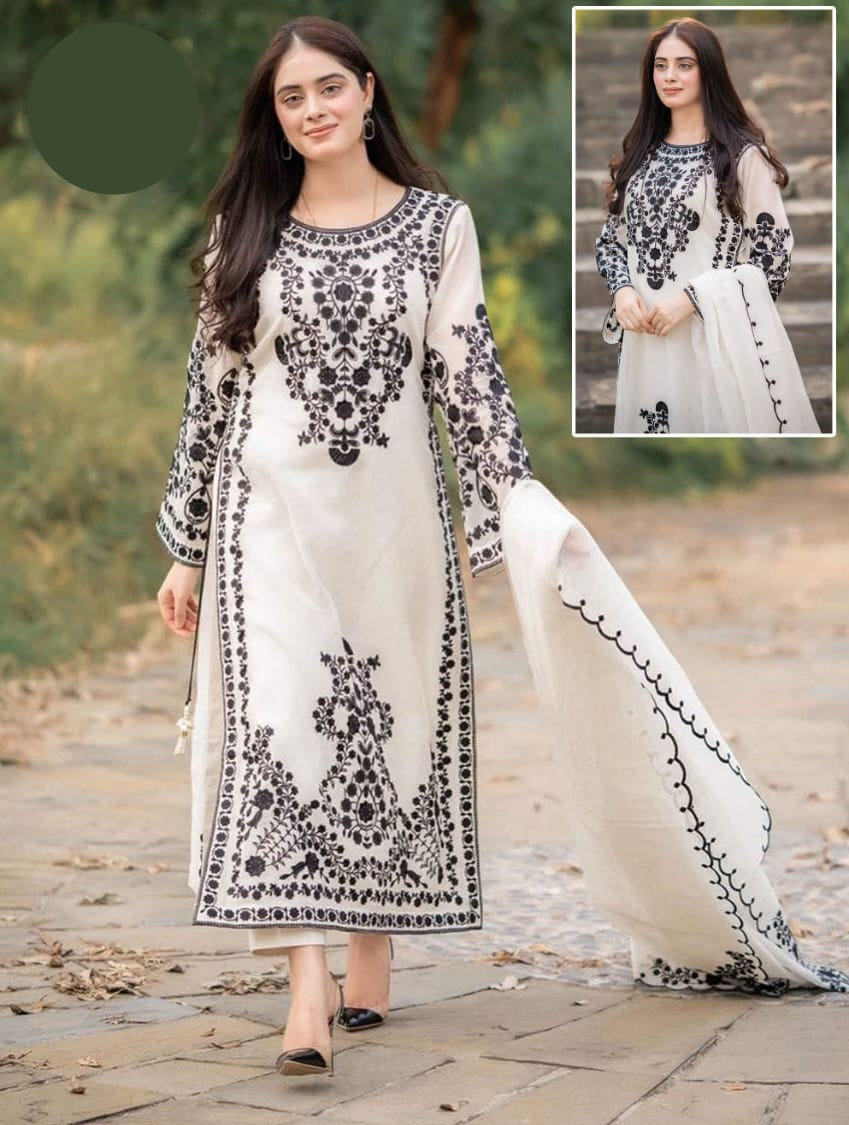 Medium Front Heavy Embroidery Shirt with Frill Style Embroidered Dupatta 3 Piece – Stitched Ladies Dress
