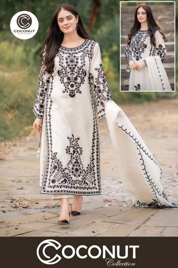 Medium Front Heavy Embroidery Shirt with Frill Style Embroidered Dupatta 3 Piece – Stitched Ladies Dress