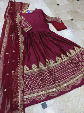Medium Heavy Sequence Embroidered Maxi 3 Piece – Shamoze Silk with Chiffon Dupatta